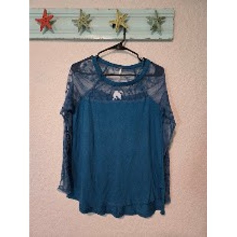 Free People Womens Teal Blue Lace Yoke Long Sleeve Embroidered Boho Top NWT